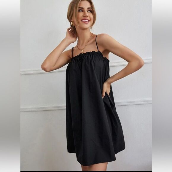 SHEIN Essnce Solid Frill Trim Cami Dress Black Size XXS Petite - Picture 1 of 7
